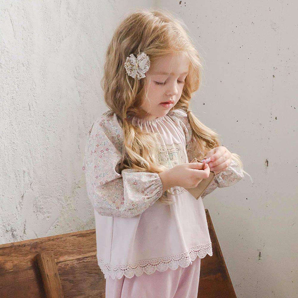 Puellaflo 浪漫兔子花漾拼接長袖上衣-淡粉