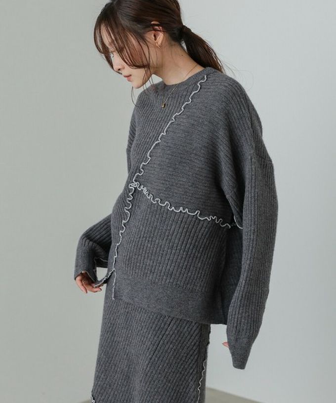 日本 Bab - 柔美曲線點綴寬鬆感針織上衣-灰藍