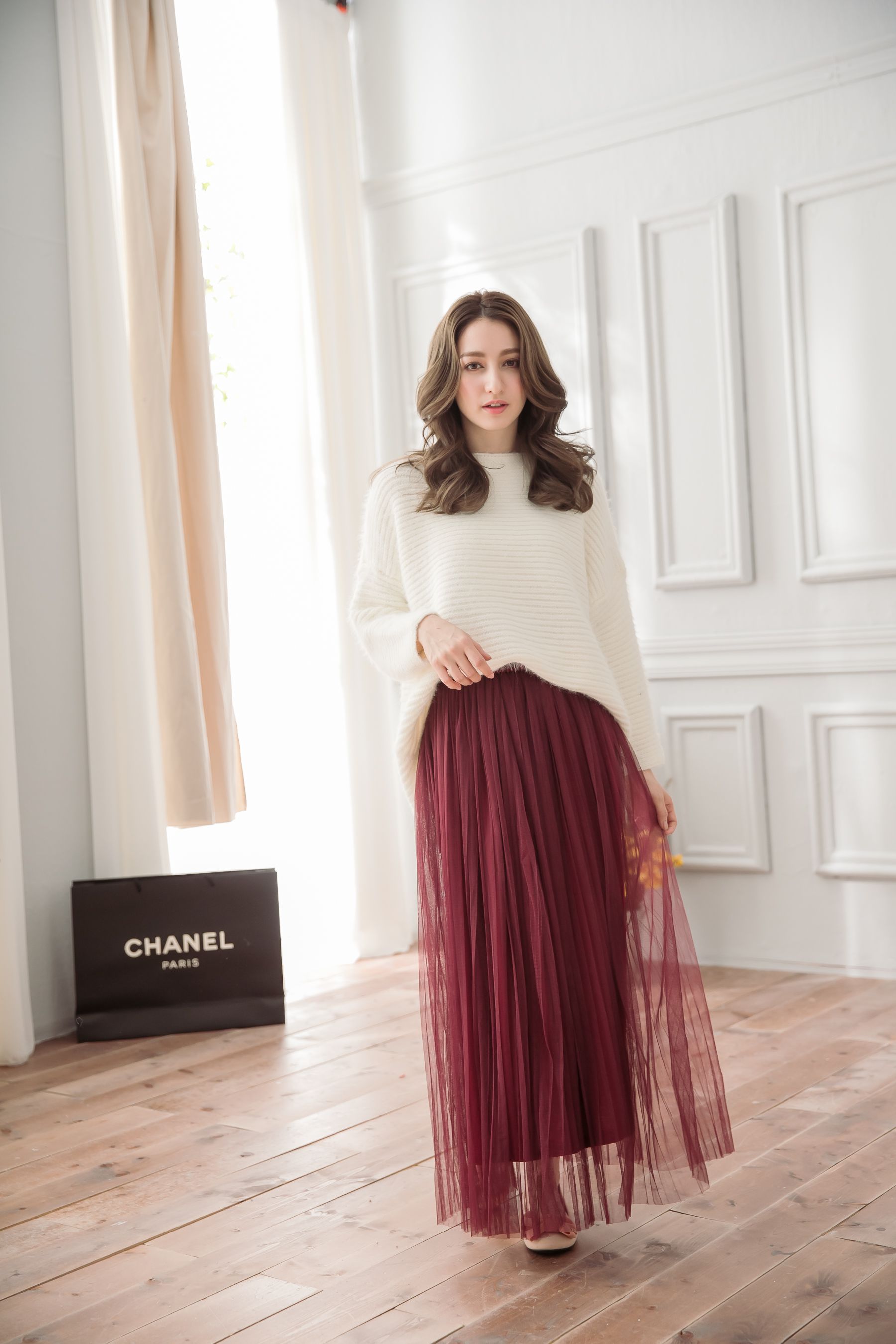 Peachy - 獨家訂製綿柔優雅綁帶百褶紗裙-綁帶百褶版-葡萄酒紅 (F)