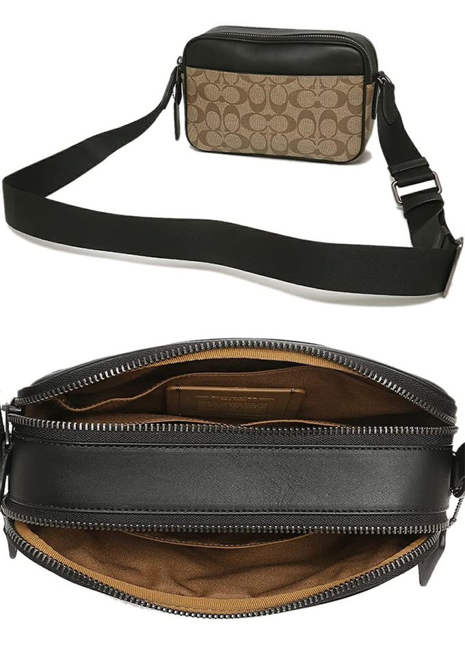 COACH - 滿版LOGO拼接皮革斜背包 (卡其黑)