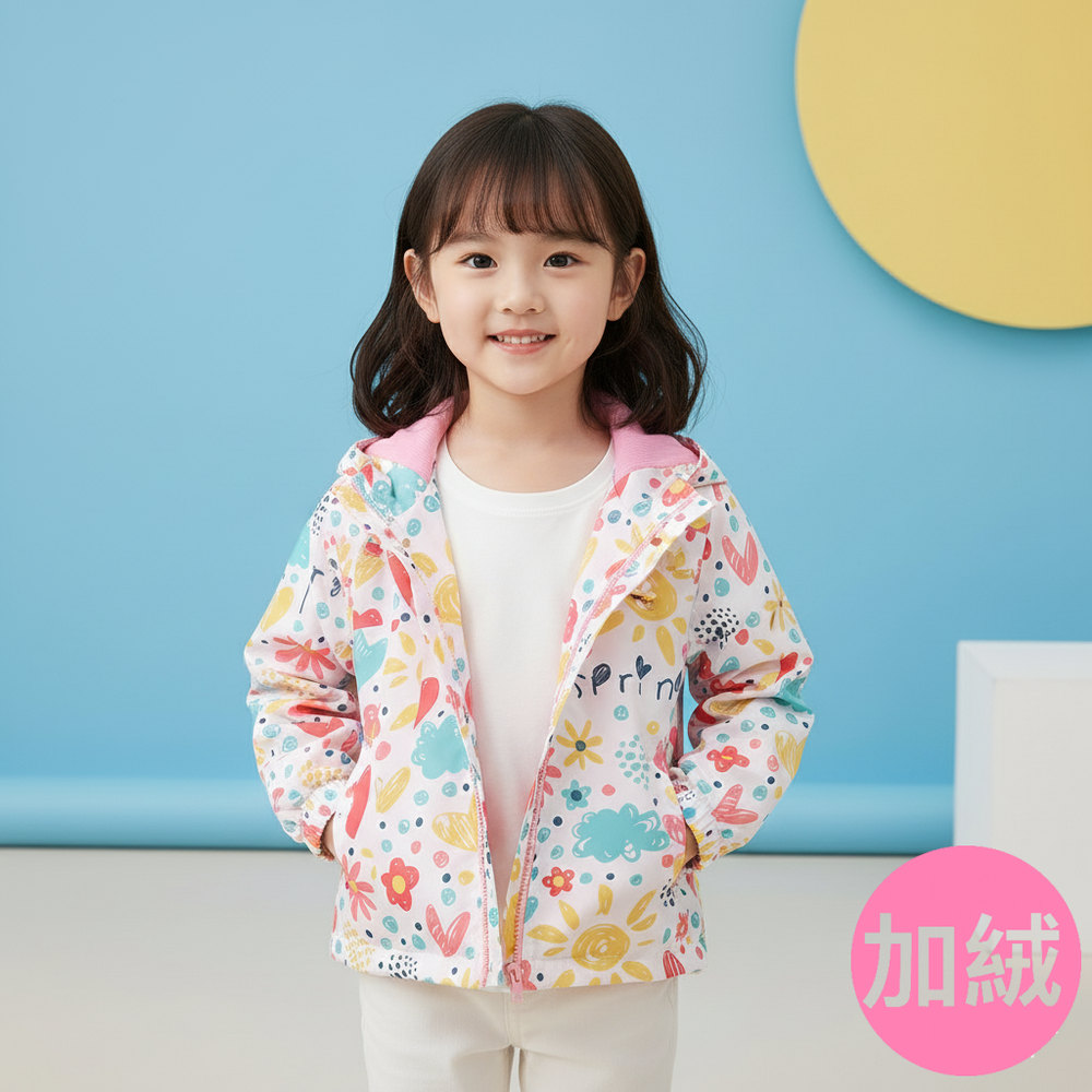 防風防雨反光衝鋒外套(加絨)-白底塗鴉-斜拉鏈