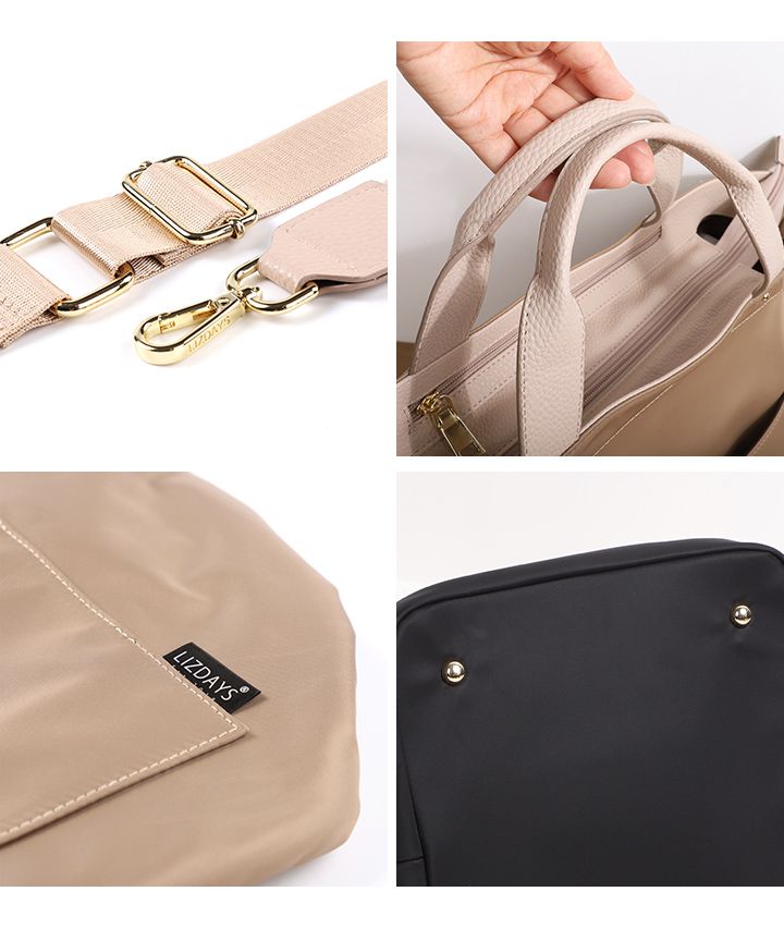 日本 LIZDAYS - 撥水加工 2WAY大容量尼龍托特包-皮革拼接-黑x焦糖棕 (27x45x24cm)