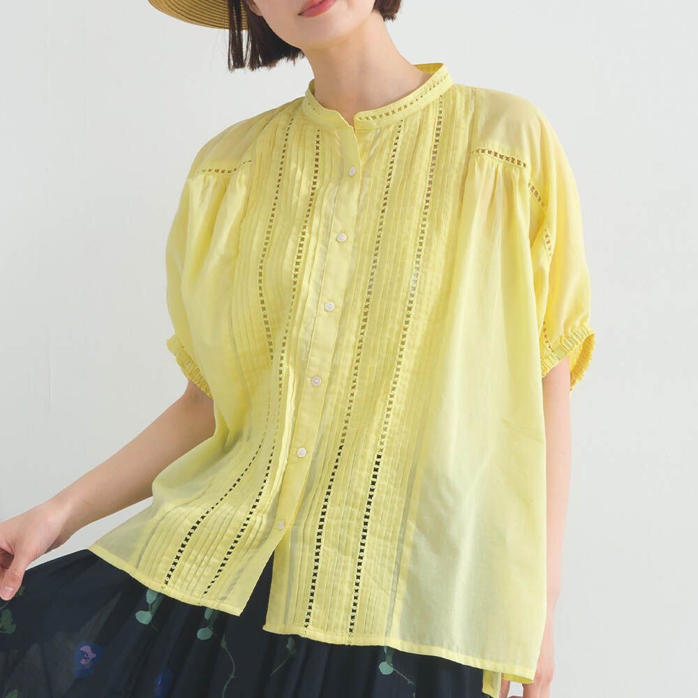 100%棉 細緻緹花小澎袖襯衫上衣-黃