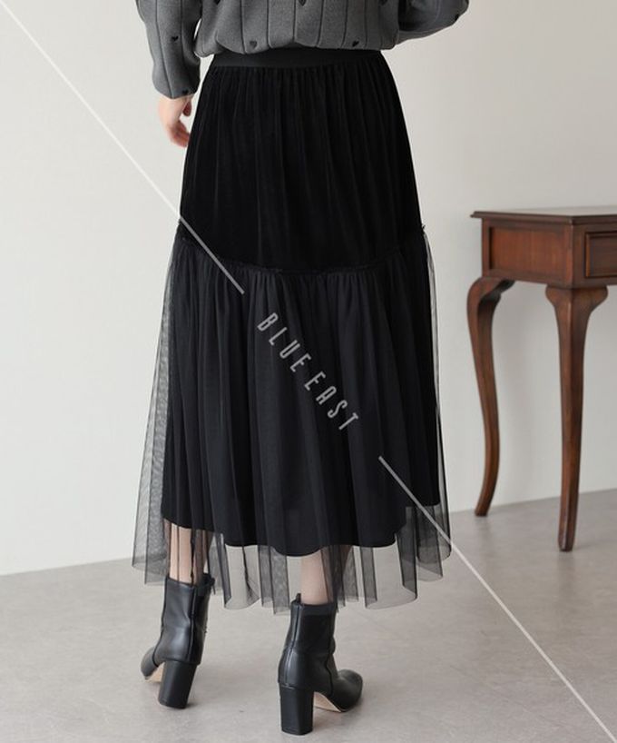 日本 BLUE EAST - 薄紗絲絨拼接飄逸長裙-(可選長度)-深藍