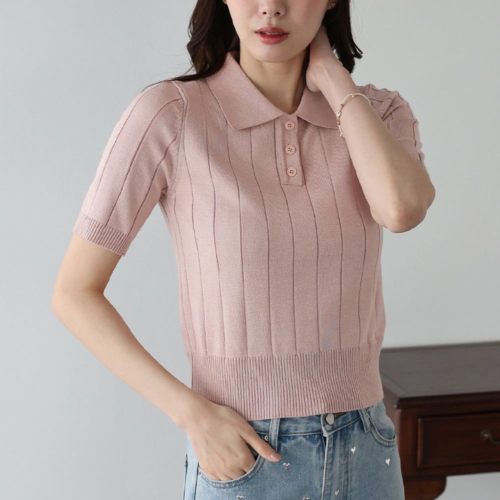 都會氣息寬羅紋針織短袖polo衫-粉紅