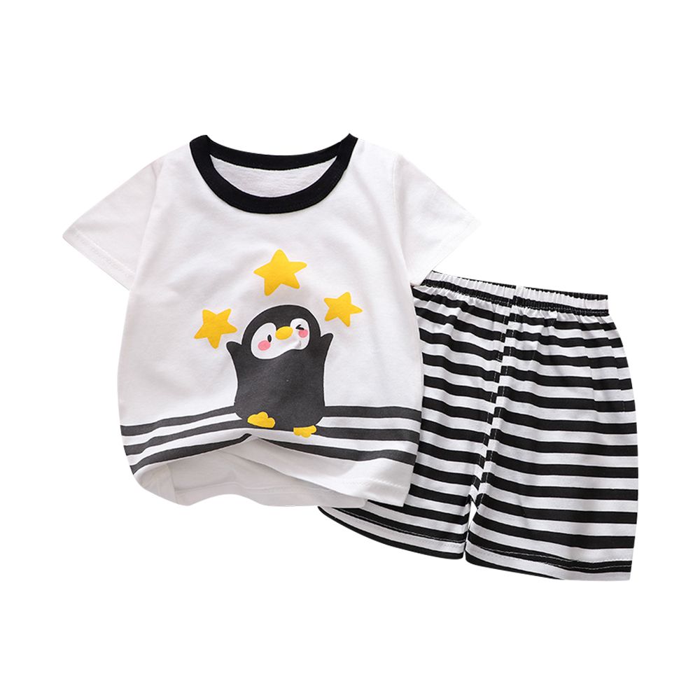 JoyNa - 兒童純棉短袖 兩件式家居服套裝 圓領套裝-白色企鵝