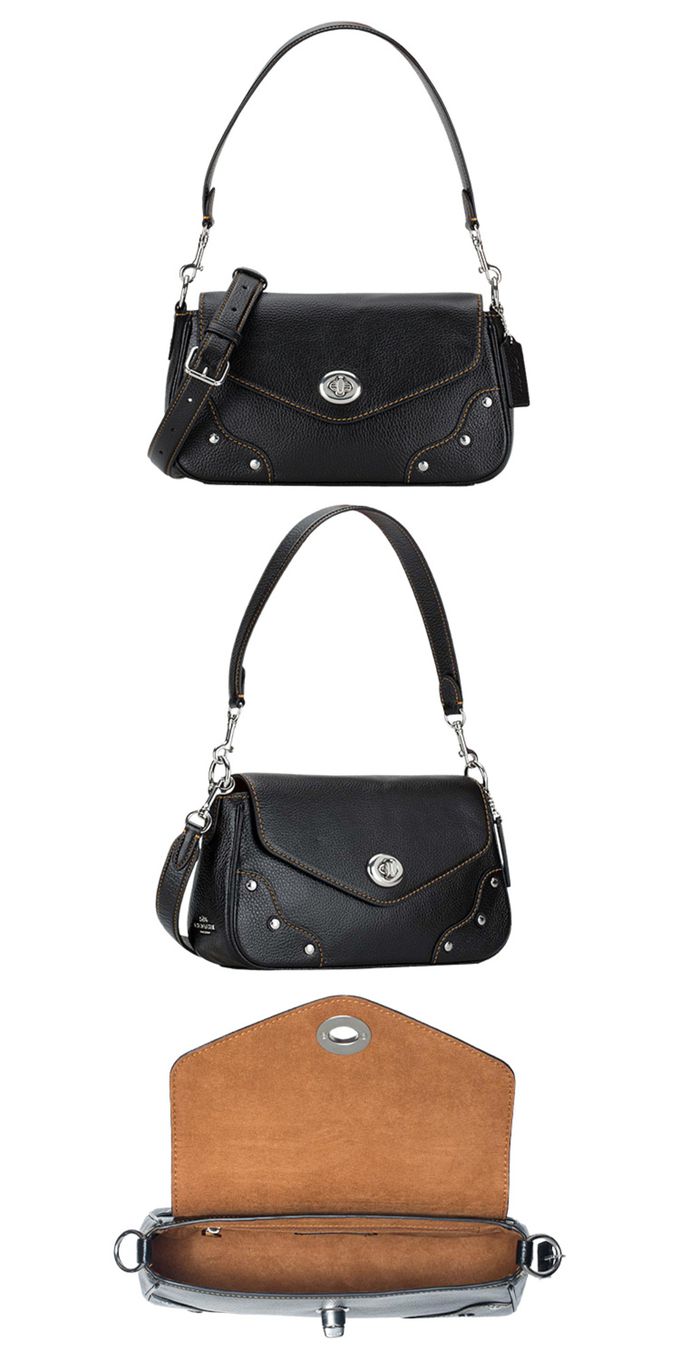 COACH - 素面皮革翻蓋單肩包-黑色