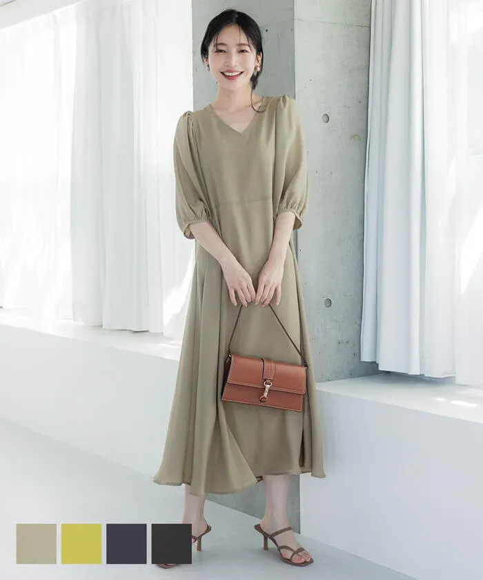 日本 COCA - 顯瘦V領收腰五分袖洋裝-米杏