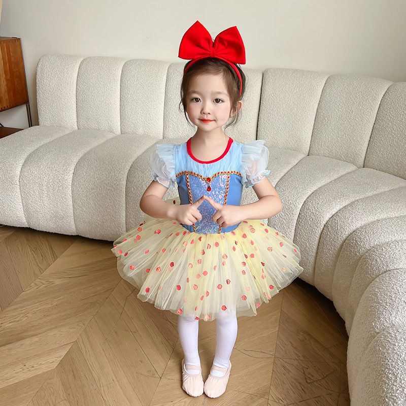 短袖造型公主裙/芭蕾舞裙-圓點寶石-藍+奶油黃