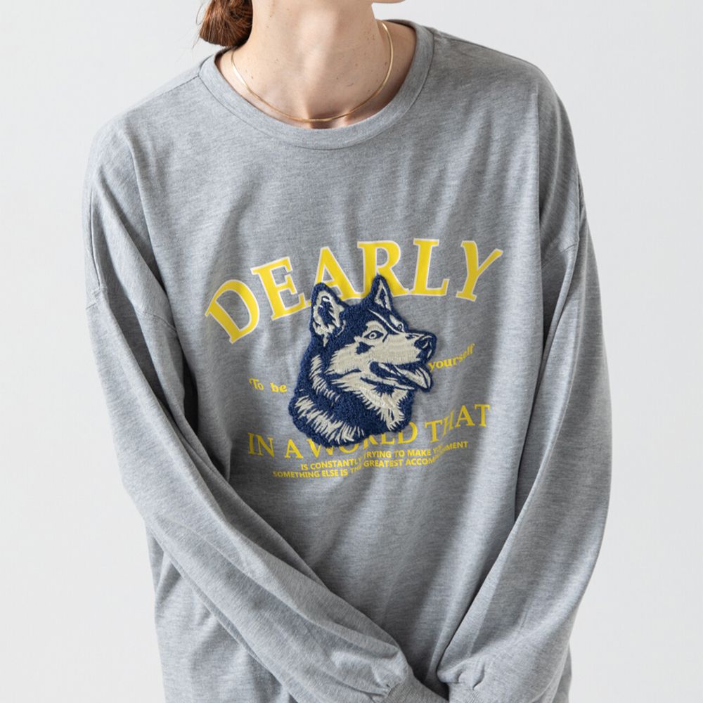 相良刺繡哈士奇印花帥氣長袖T恤-灰