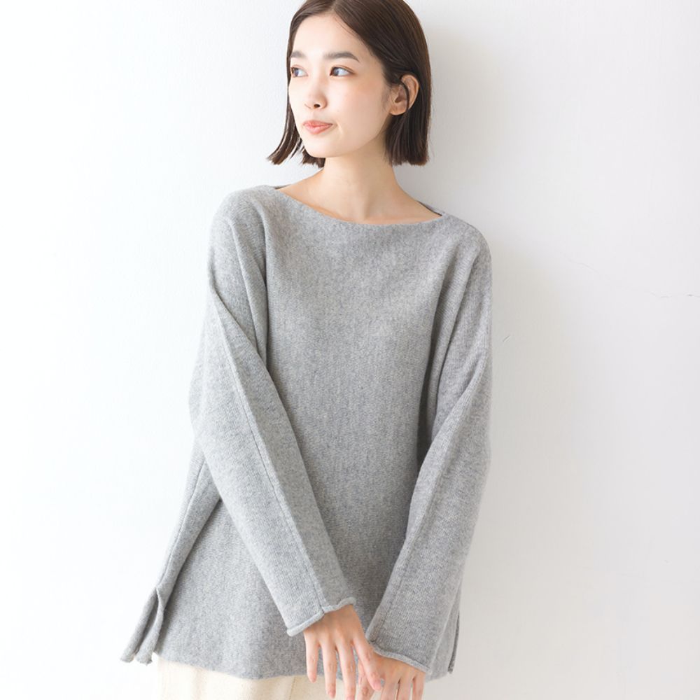 日本 OMNES - 50%羊毛顯瘦船領針織毛衣-優雅灰