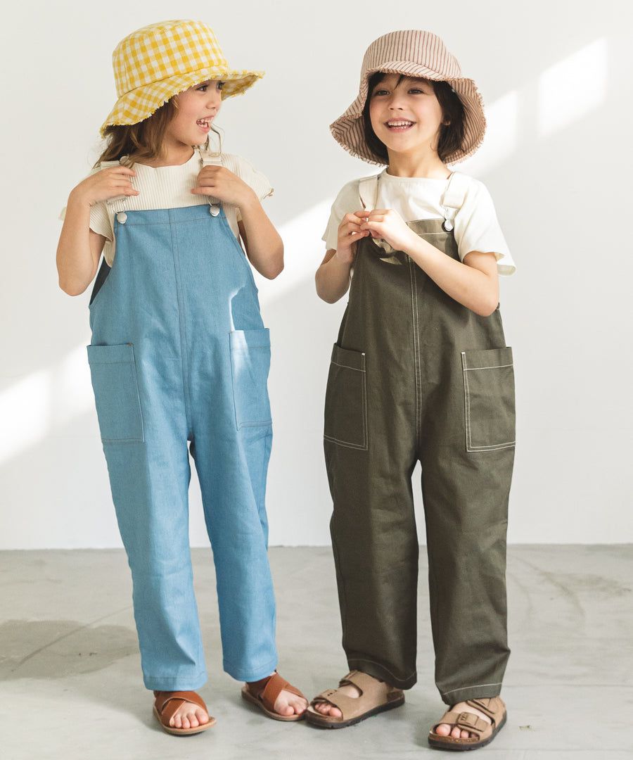 日本 PAIRMANON - 撞色大口袋吊帶褲(孩子)-丈青