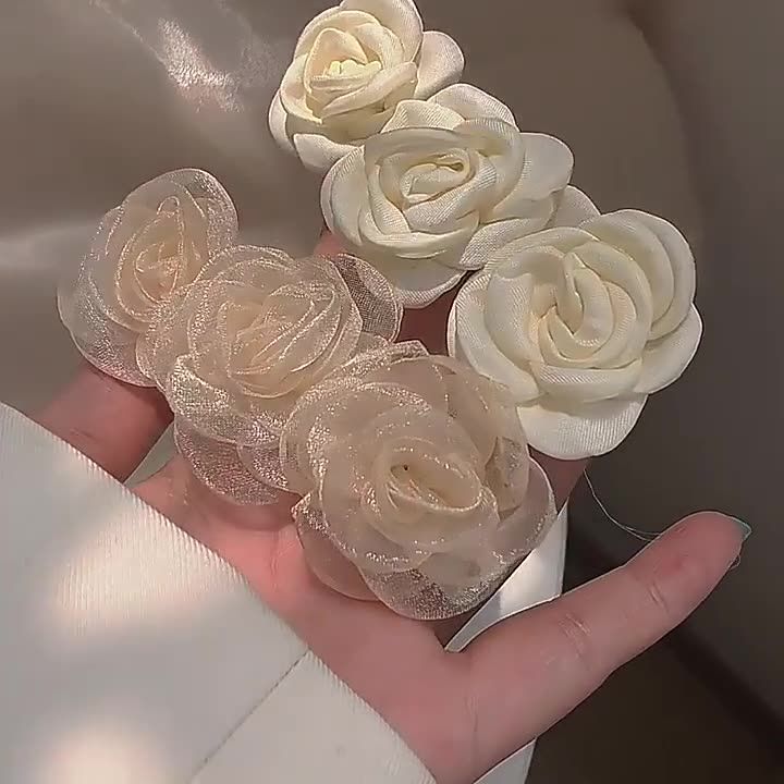 小香風山茶花髮夾-網紗款-香檳色