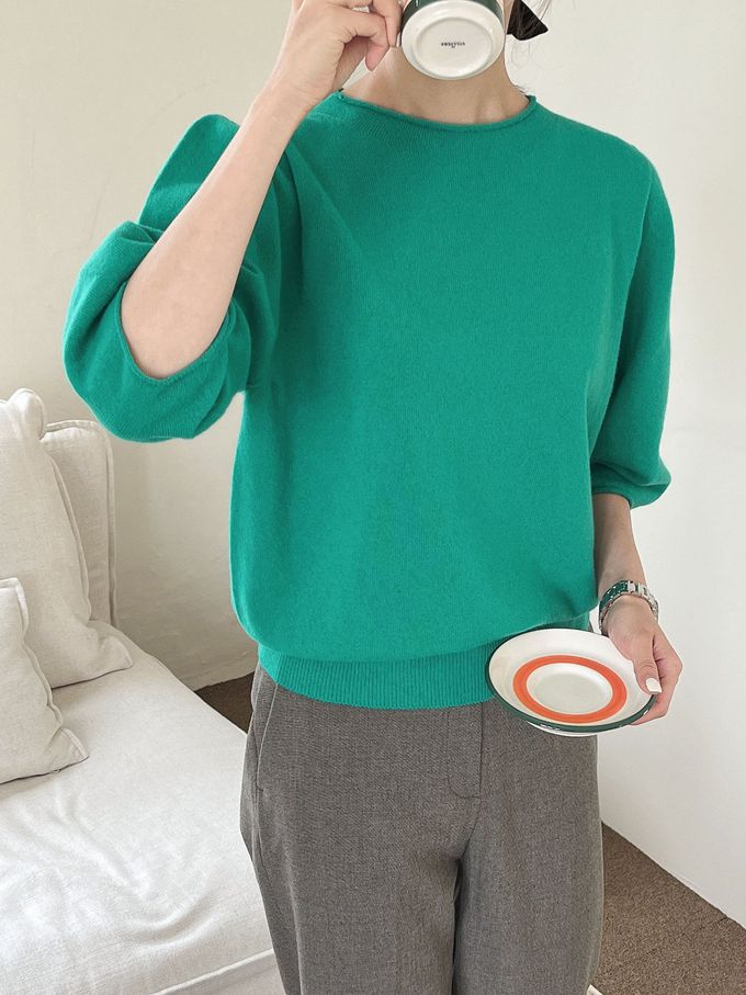 韓國女裝連線 - 不刺膚！喀什米爾羊毛七分袖針織上衣-燕麥 (FREE)