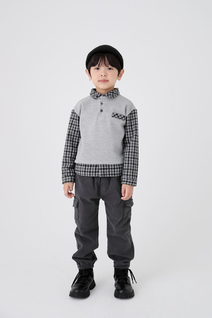 韓國 Coco Bang - 假兩件拼接格紋翻領長袖上衣-灰X黑