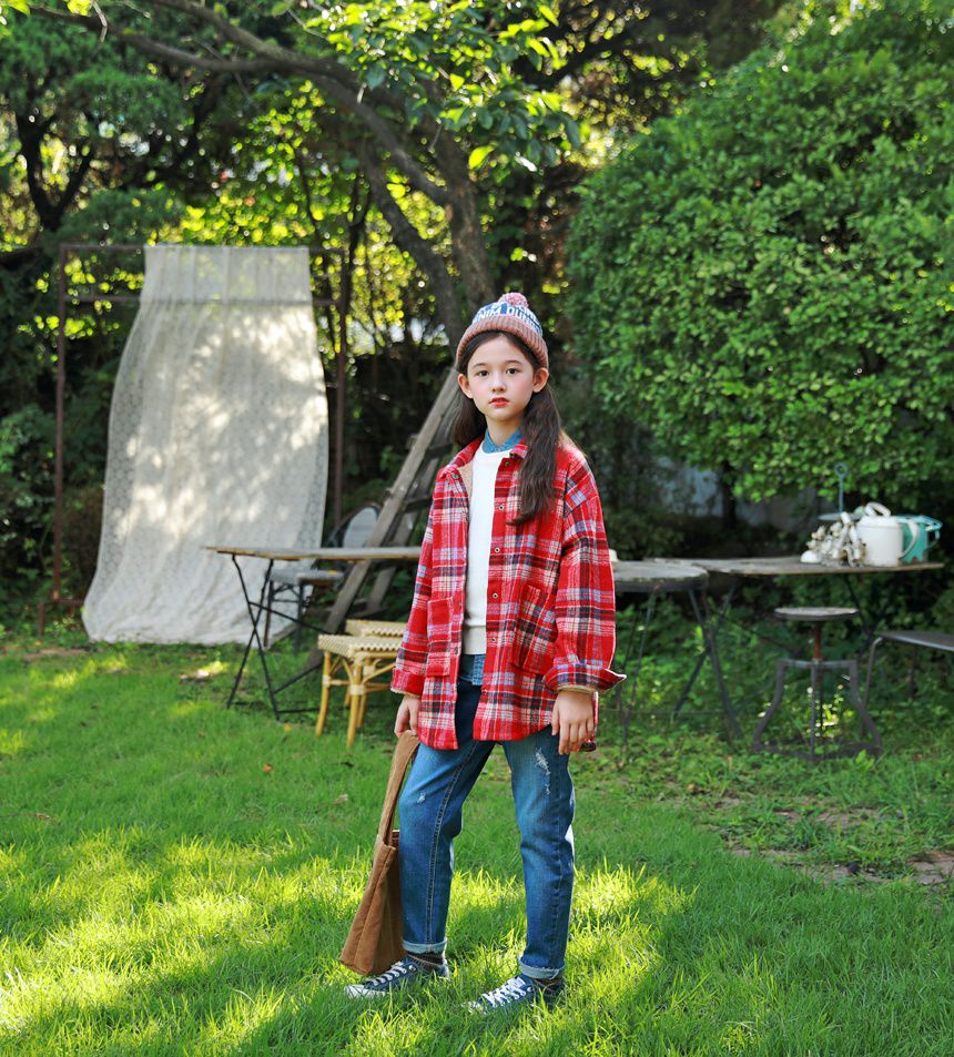 韓國 J KIDS - (內刷毛)長版紅格子襯衫/夾克