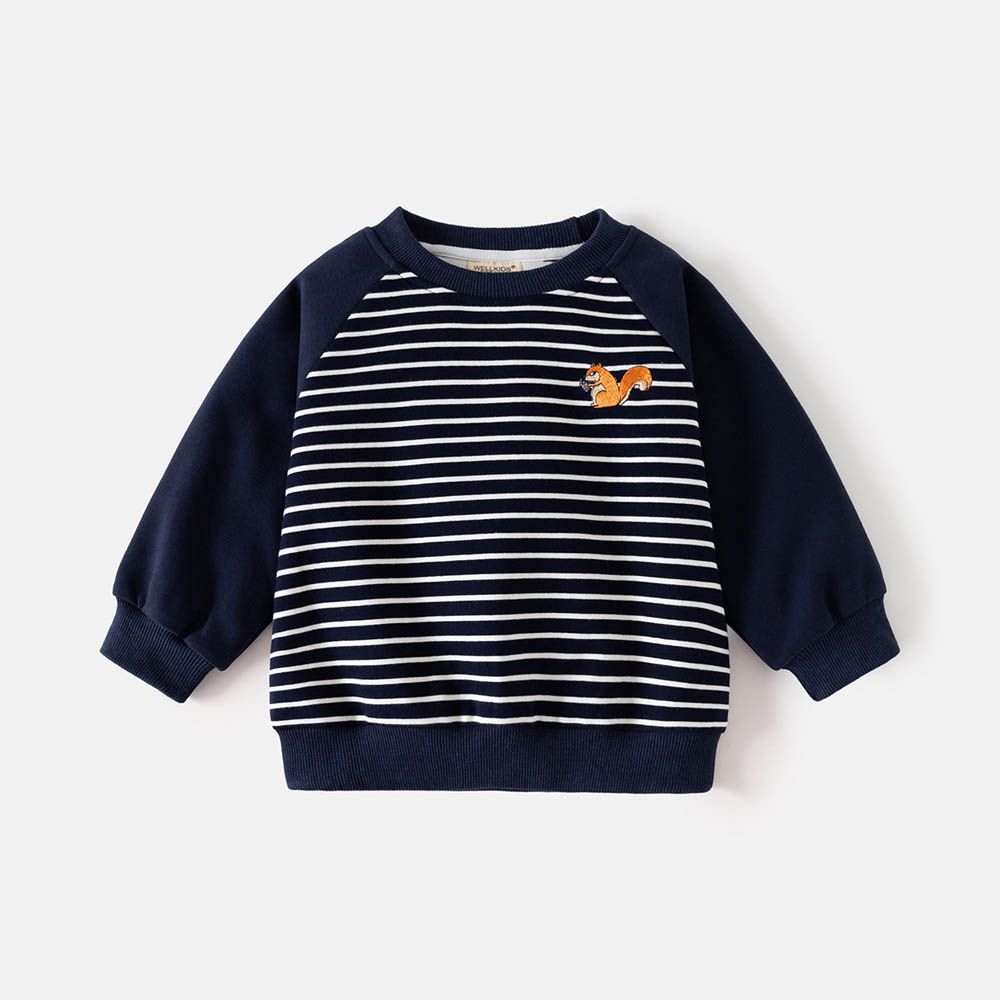 圓領棉質長袖上衣/大學T-松鼠-藏青條紋