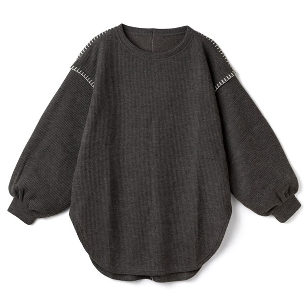 日本 GRL - 配色縫線長版圓弧衣襬長袖上衣-深灰