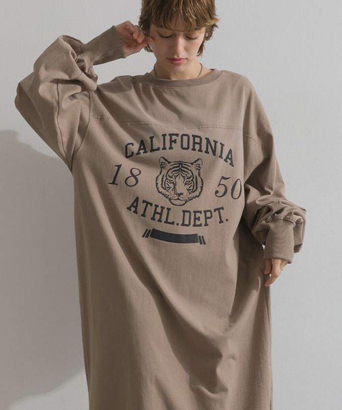 日本 Lupilien - 帥氣老虎印花側開叉長袖洋裝-象牙