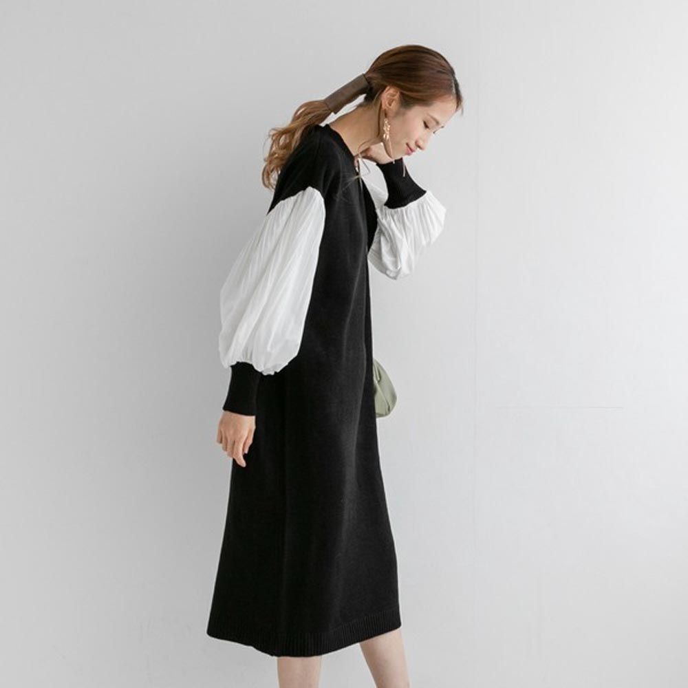 日本 ihuu - 圓領針織拼接泡泡袖洋裝-黑x白