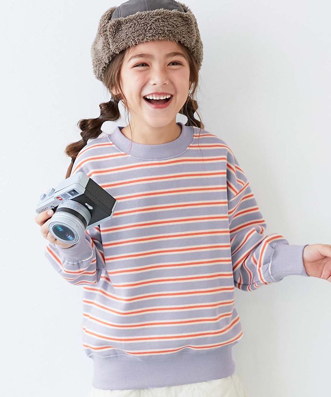 日本 devirock - 裏起毛 百搭條紋大學長袖上衣-粉紅