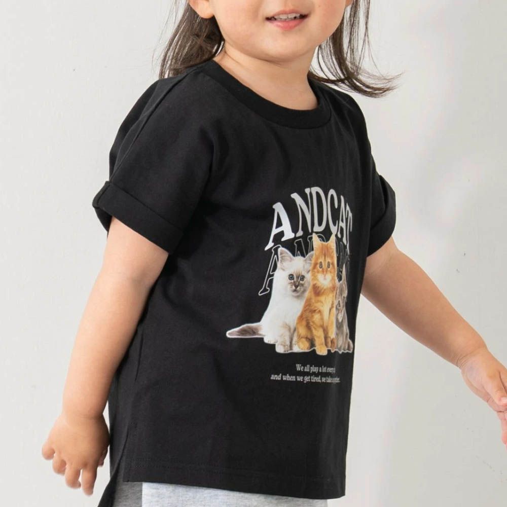 100%棉 開衩印花短袖上衣-可愛貓貓-黑