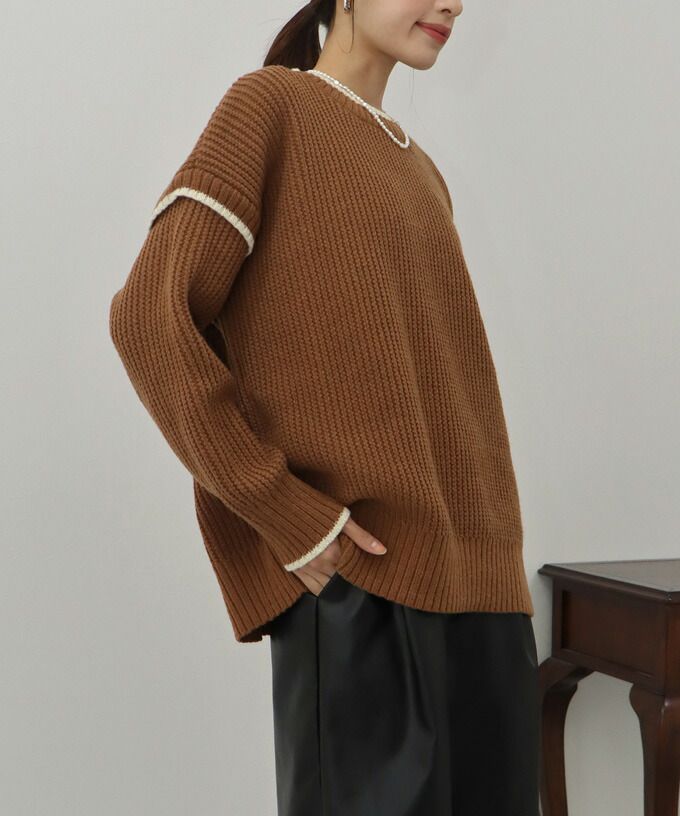 日本 BLUE EAST - 撞色滾邊落肩針織毛衣-米白