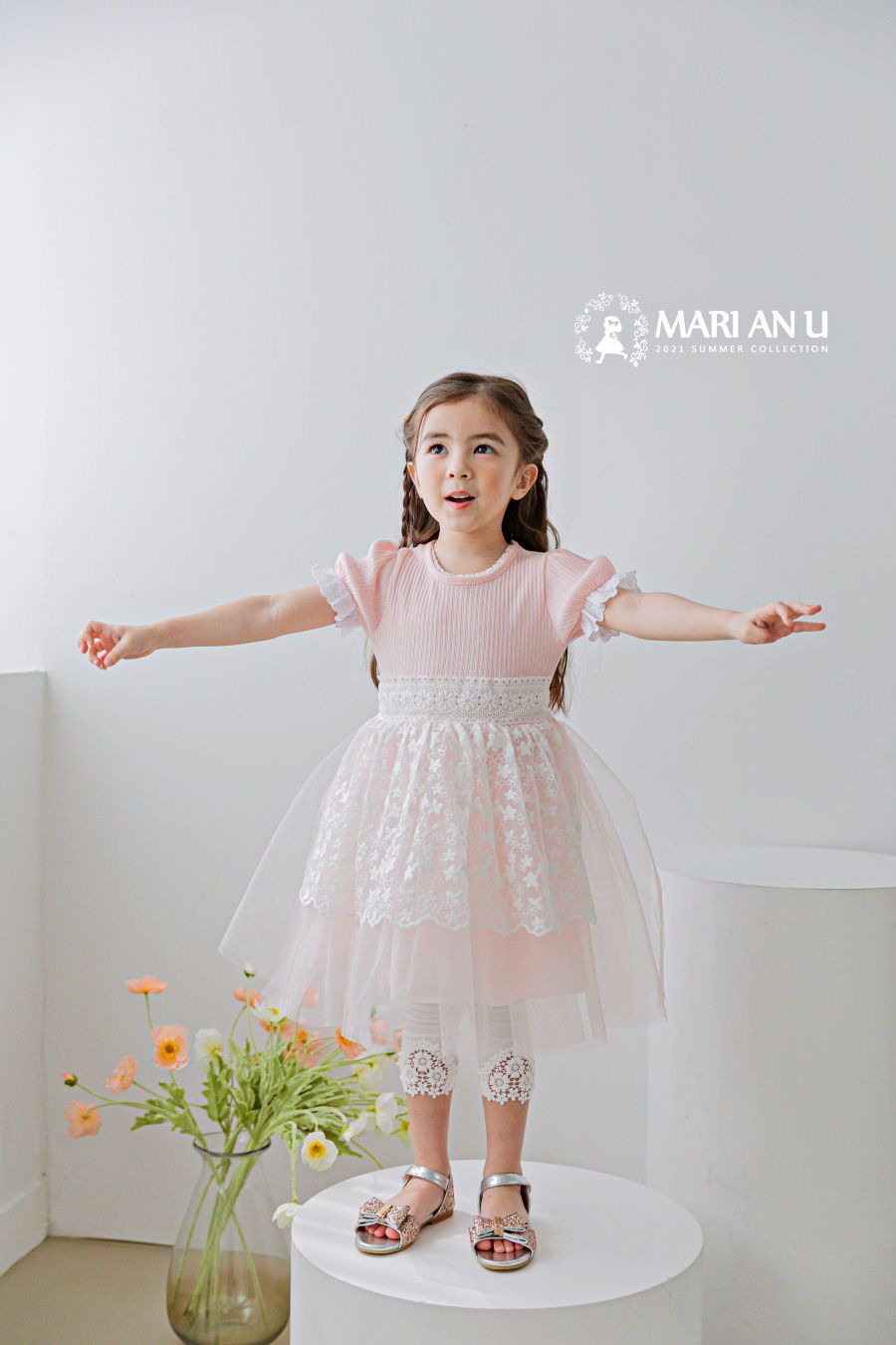 韓國 mari an u - 蕾絲層次紗裙洋裝-粉紅