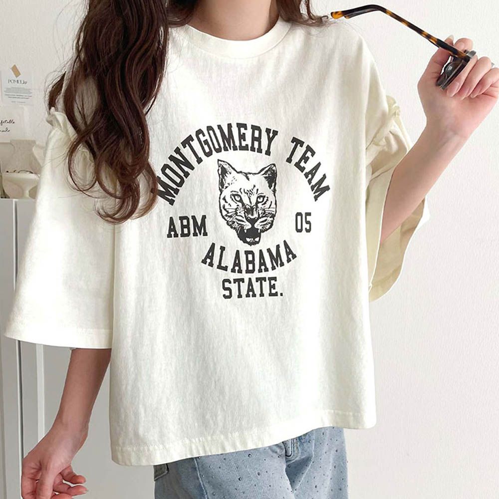 貓科酷印花寬大荷葉五分袖上衣-白