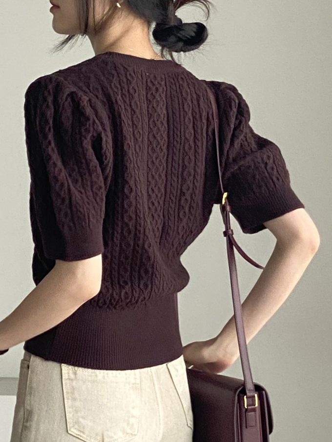 韓國女裝連線 - 麻花辮編織五分袖針織上衣-咖啡紅 (FREE)