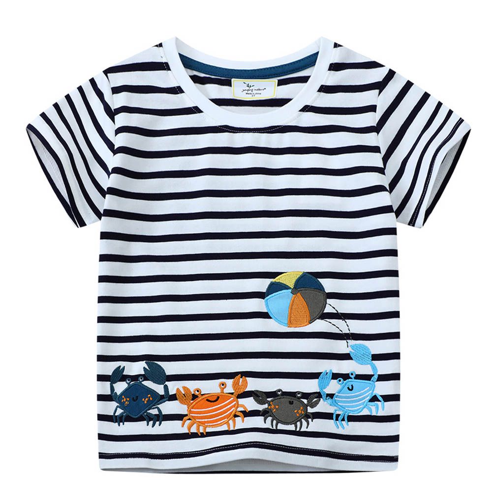 棉質圓領短袖上衣-螃蟹玩球-黑白條紋