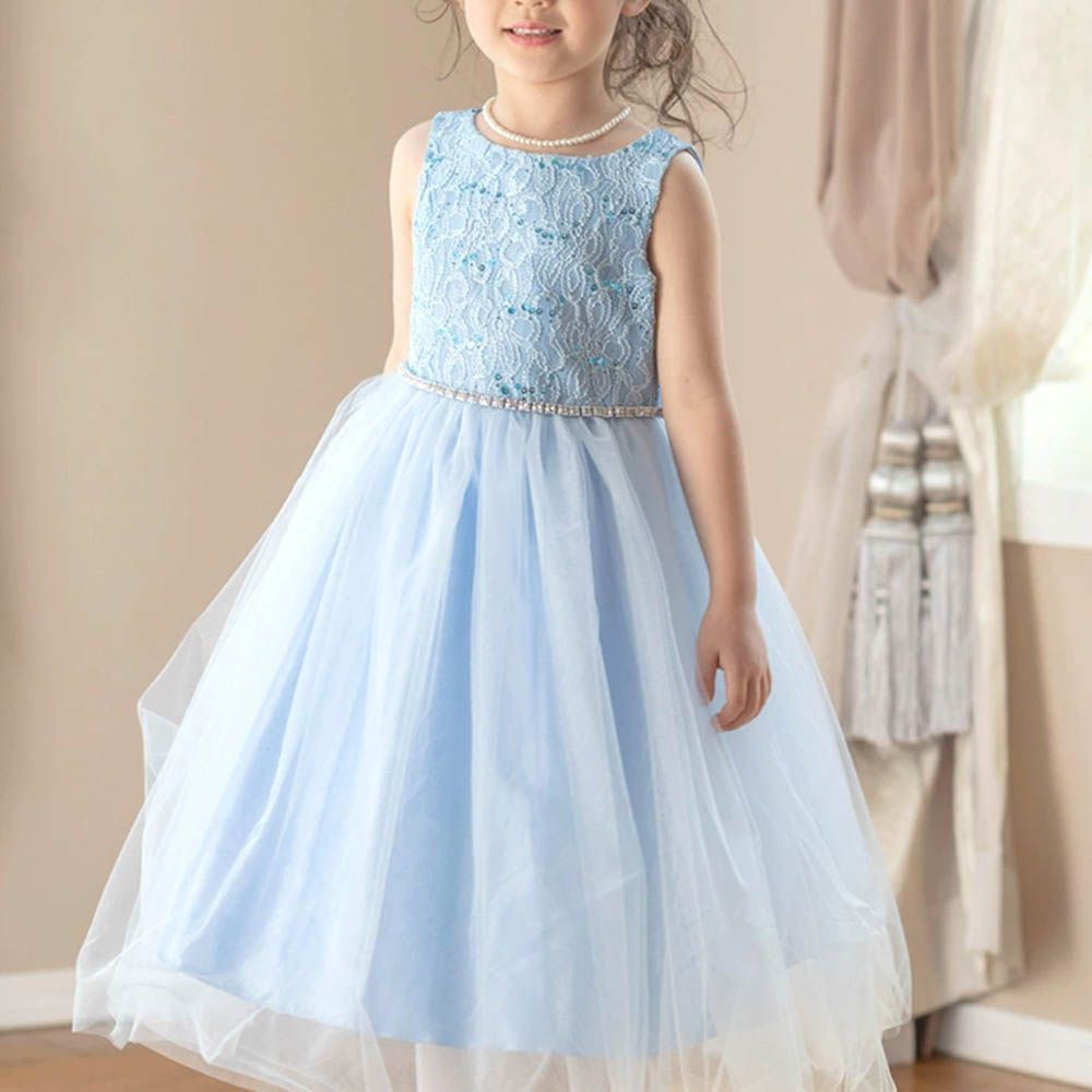 腰鑽飾前蕾絲後緞面洋裝/小禮服-水藍色