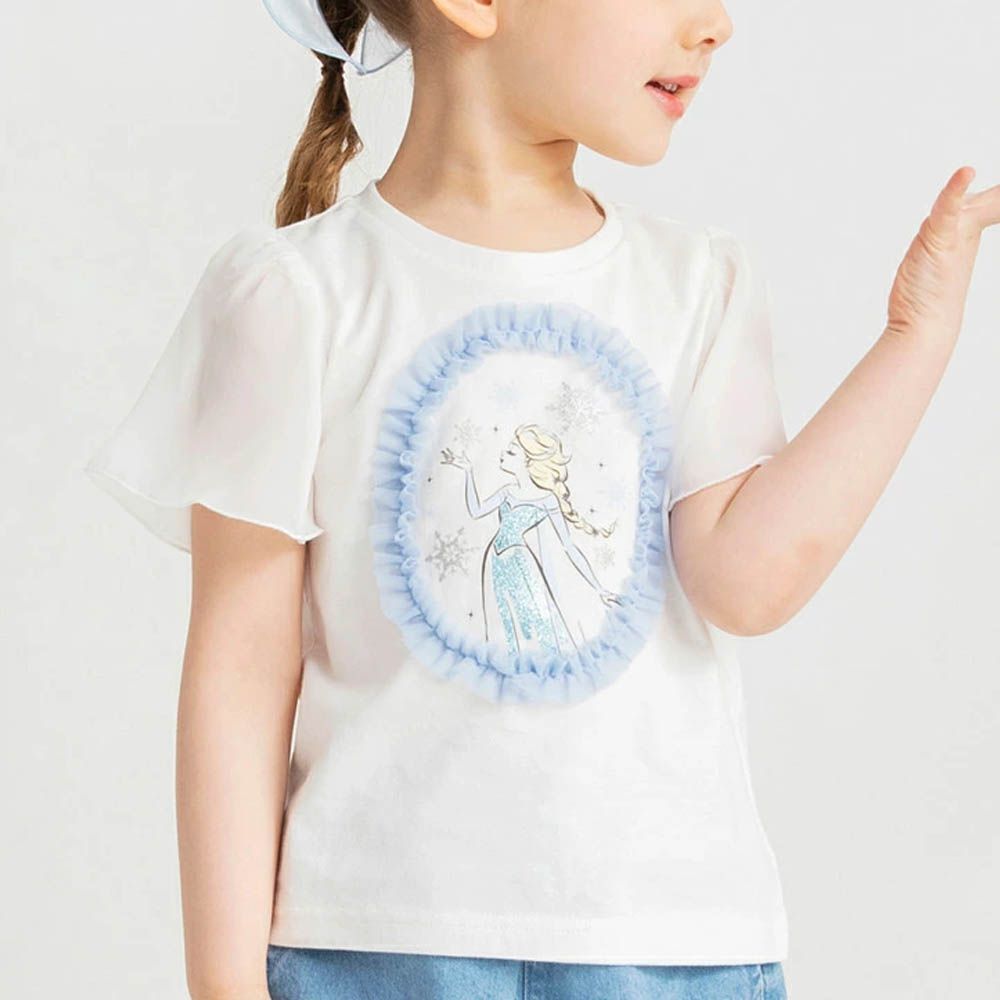 迪士尼限定 夢幻雪紡短袖上衣-卡通人物艾莎-白