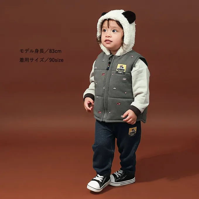 日本 ZOOLAND - 熊熊救援隊 警車標籤舒適牛仔長褲-熊熊口袋-黑