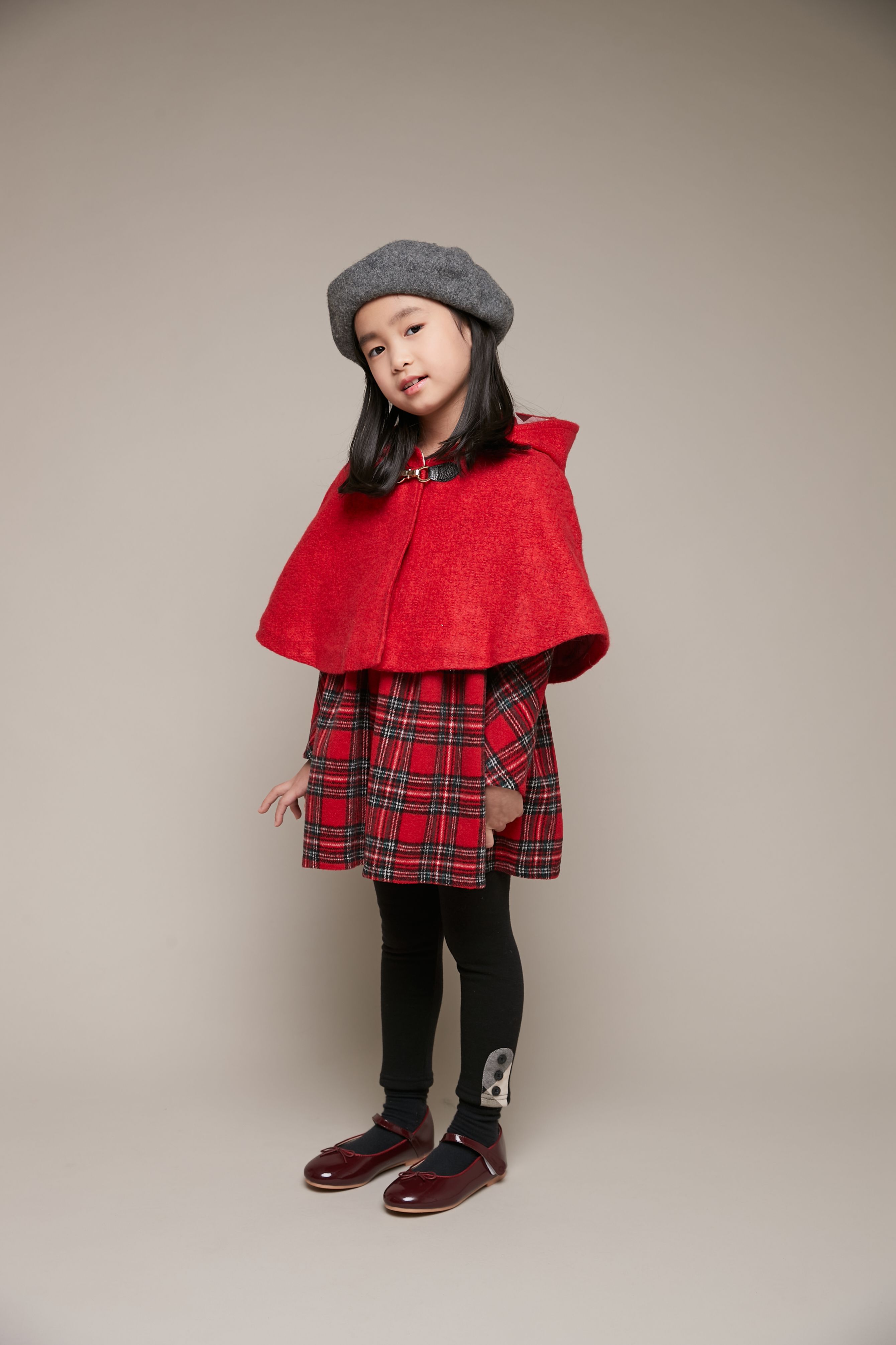 韓國 Coco Bang - 毛呢金釦斗篷-酒紅