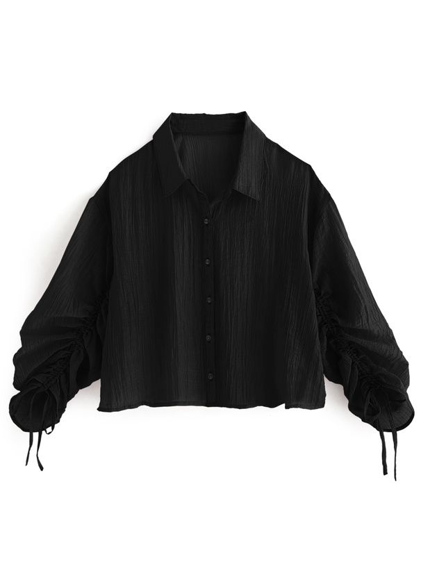 日本 GRL - 楊柳皺縮短版抽繩襯衫-水藍 (F)