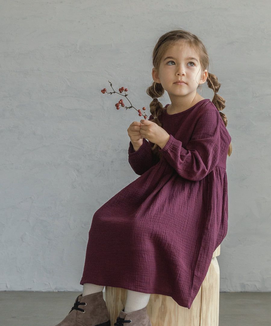 日本 PAIRMANON - 透氣二重紗 簡約薄長袖洋裝-孩子-洋紅