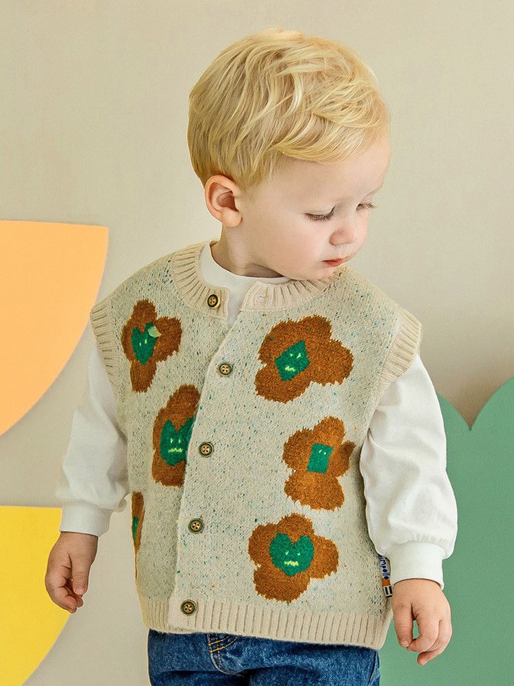 韓國Pimpollo - 愛心印花開衫針織背心-藍