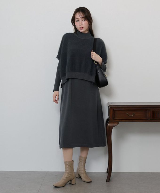 日本 BLUE EAST - 氣質薄針織背心長袖洋裝2件組-咖啡