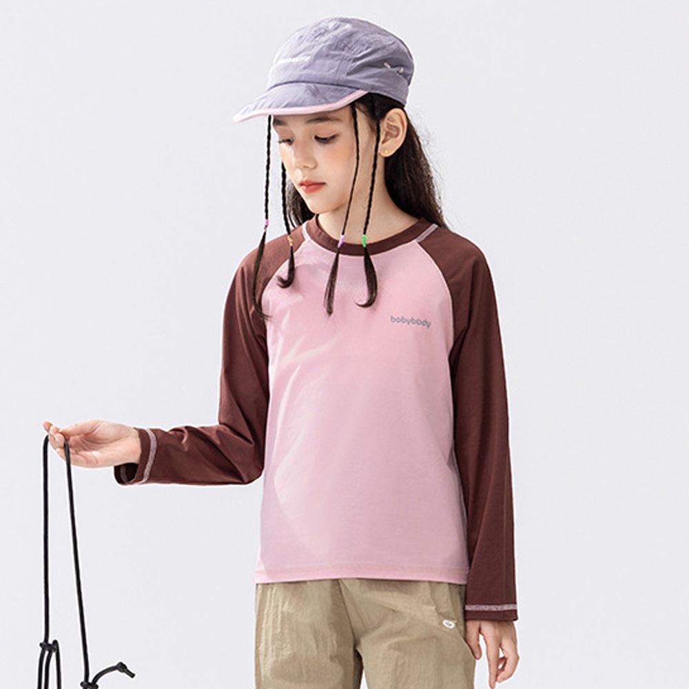 吸濕排汗圓領長袖上衣-拼色粉