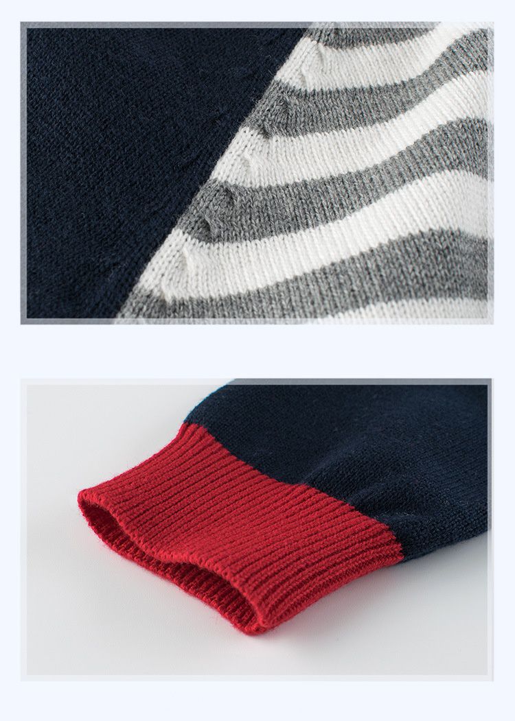 純棉針織長袖毛衣-撞色插肩條紋-紅藍色