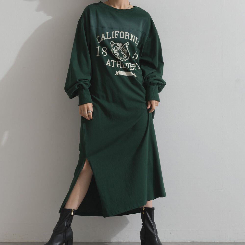 帥氣老虎印花側開叉長袖洋裝-濃綠