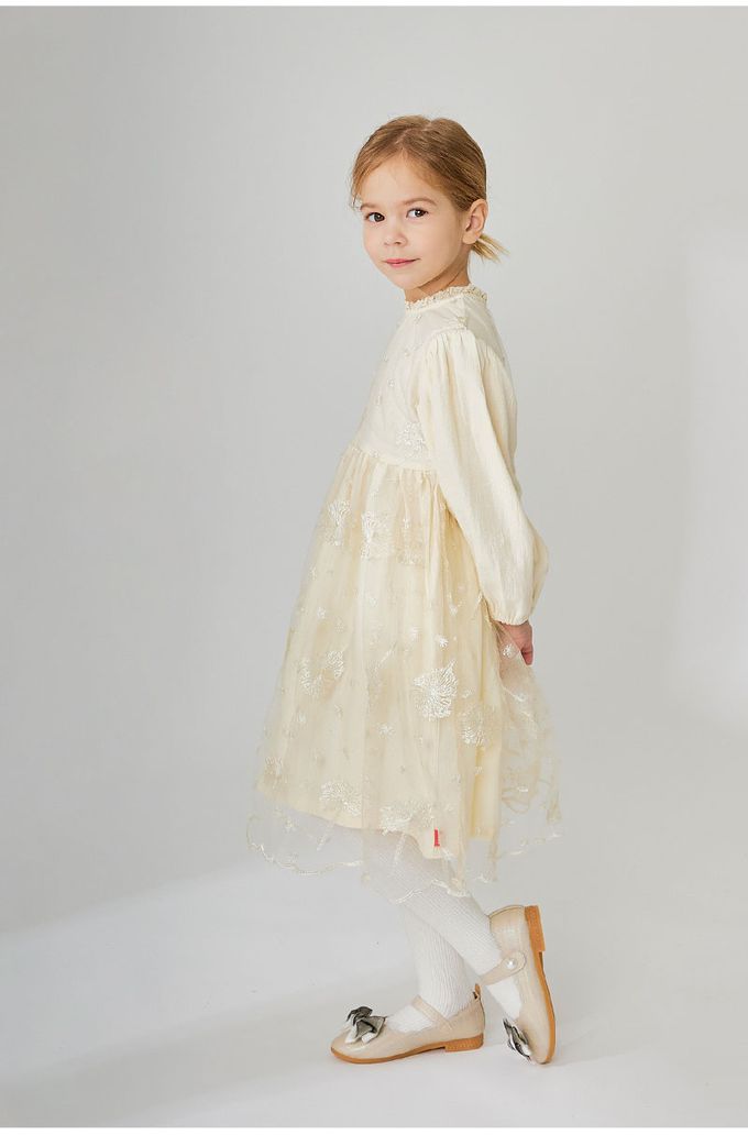 韓國 OZKIZ - 蒲公英繡拼接網紗連身洋裝-米