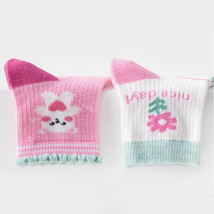 love, charlotte - 粉色小熊格子愛心網眼短筒棉襪-5 雙一組