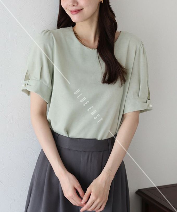 日本 BLUE EAST - 珍珠袖扣亞麻感氣質短袖上衣-白 (M)