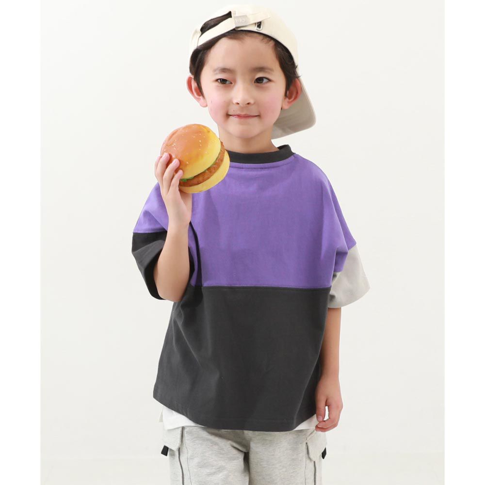 日本 devirock - 100%棉 色塊風短袖上衣-紫底灰袖