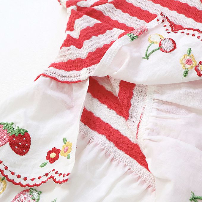 日本 ZOOLAND - 甜蜜草莓緹花條紋可愛刺繡上衣-粉紅