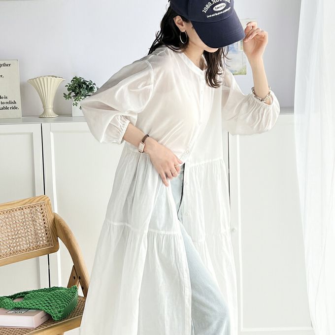 日本 Classical Elf - 2way前後穿 純棉輕透開襟襯衫洋裝-白