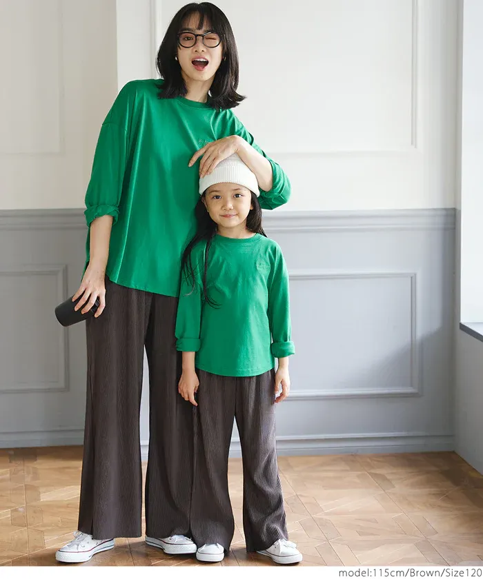 日本 COCA - [可剪裁] 羅紋彈性垂墜感寬褲-孩子-芥黃