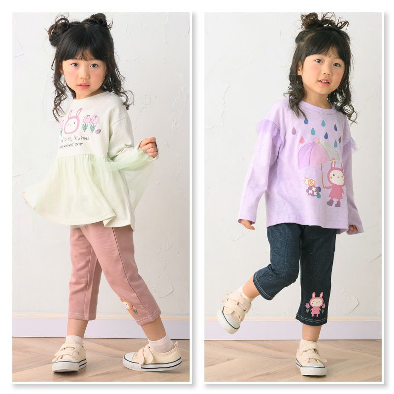 日本 ZOOLAND - 丹寧針織拼接七分褲-小兔鬱金香-粉